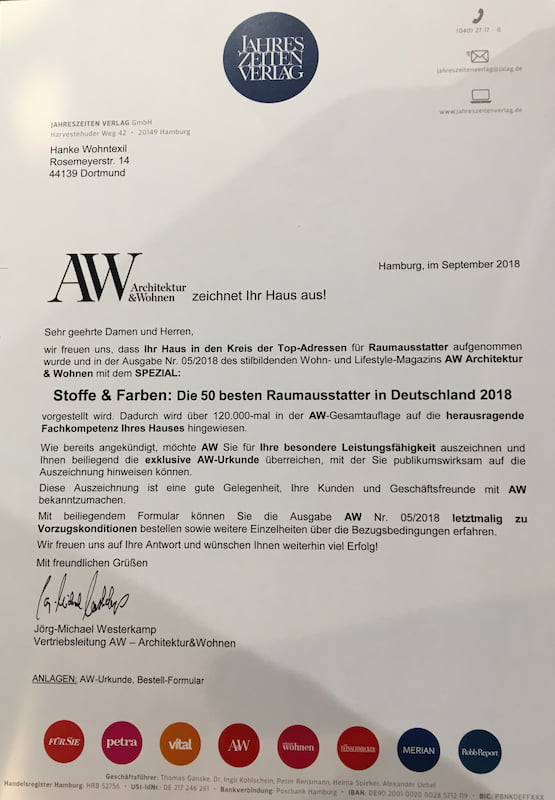Hanke Wohntextil - Ausgezeichnet unter den 50 besten Raumausstattern Deutschlands 2018